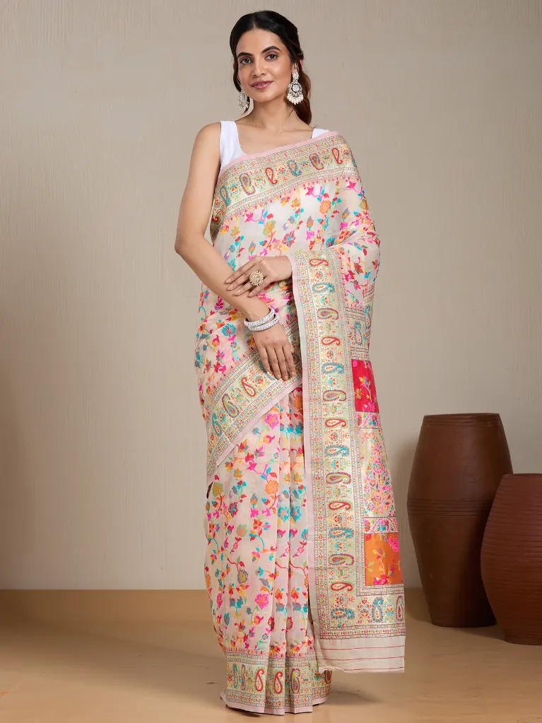 [VC26-EKA-D99-116] Vervee Couture Off White Multicolour Floral Silk Blend Saree | Eka