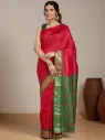 Vervee Couture Red & Green Silk Blend Saree Semi-stitched Blouse