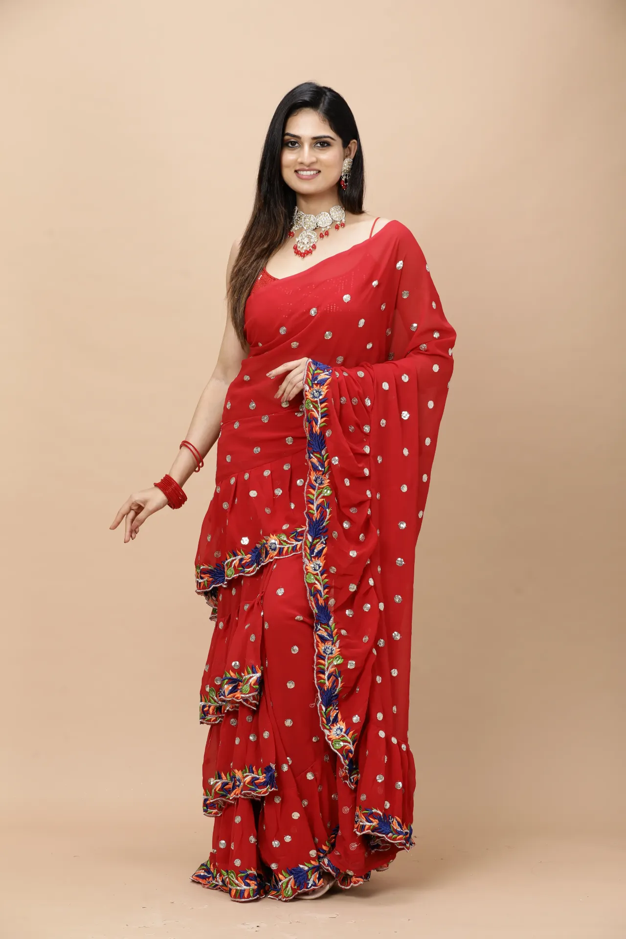 Vervee Couture Classic Crimson Red Georgette Saree | Zikr