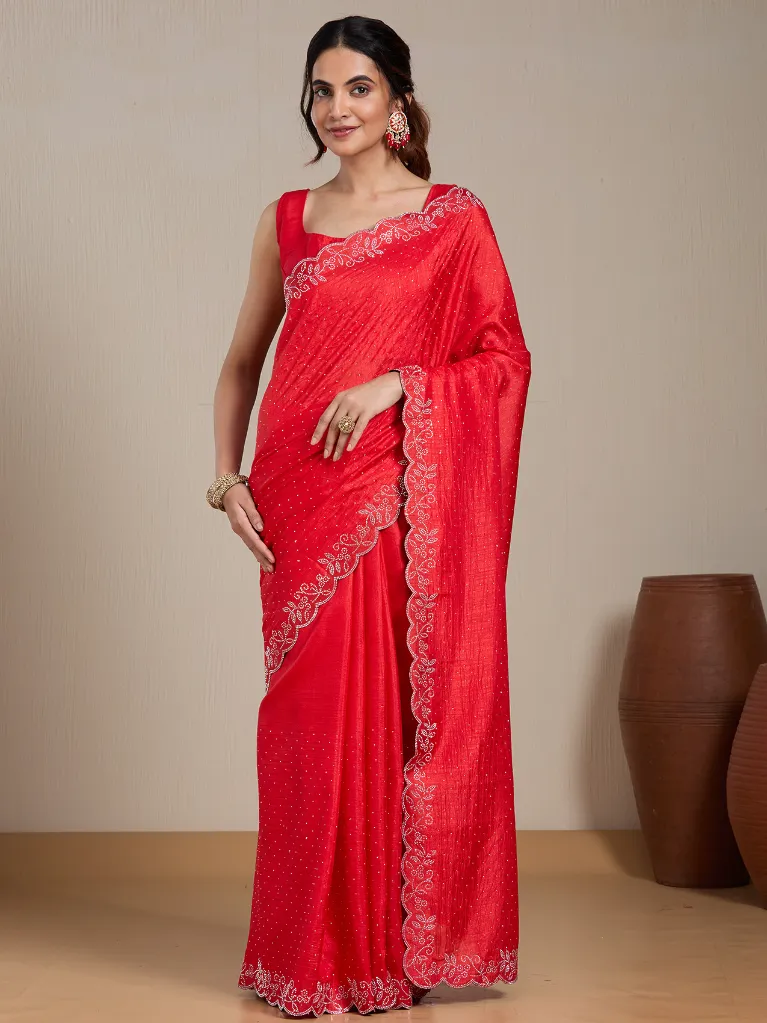 Vervee Couture Red Silk Blend Saree Semi-stitched Blouse