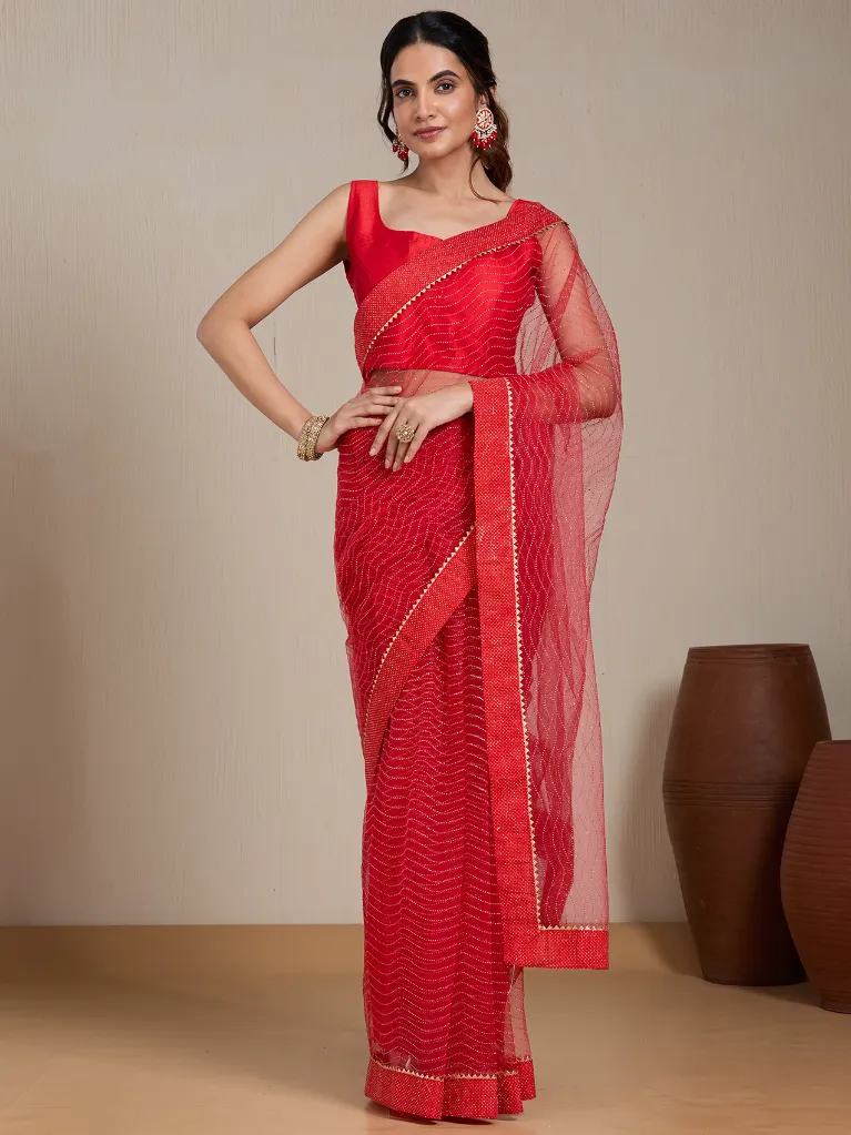 Vervee Couture Red Net Saree