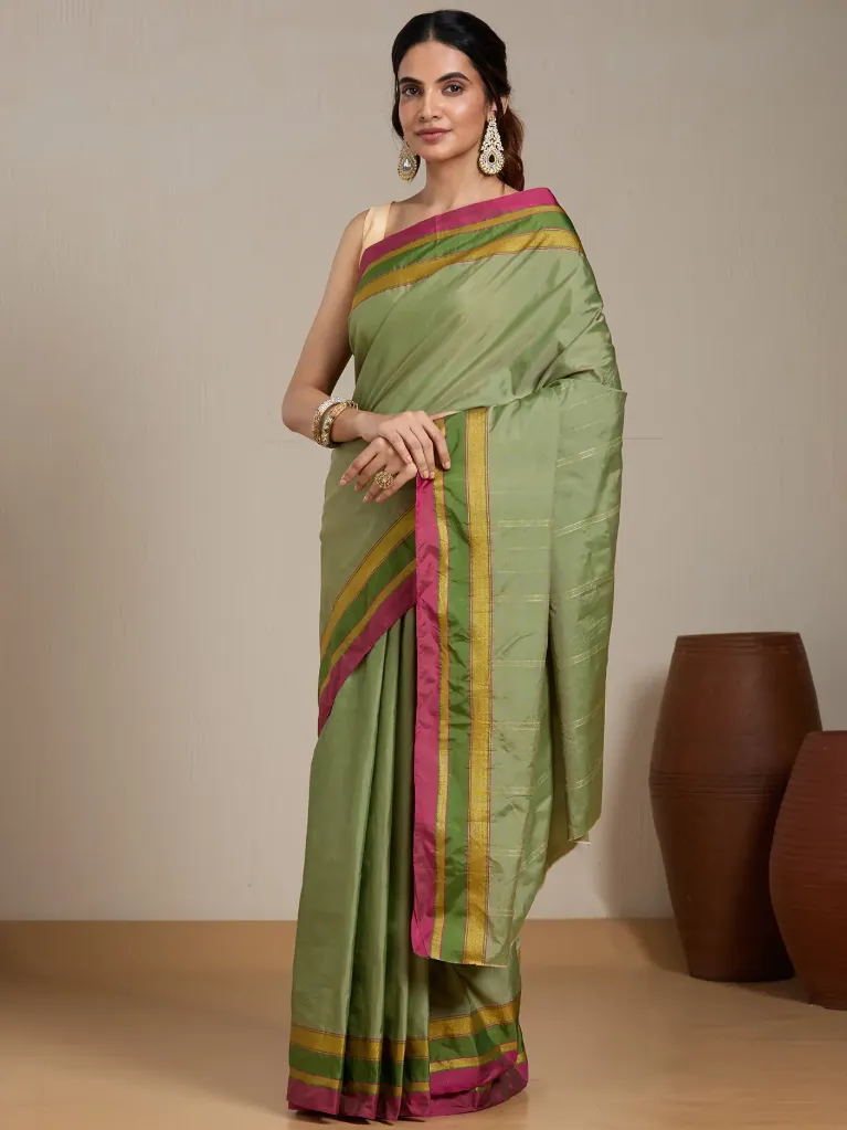 [VC26-EKA-D99-123] Vervee Couture Olive Green Silk Blend Saree | Eka