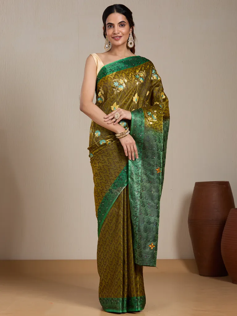 Vervee Couture Olive Green Silk Blend Saree Semi-stitched Blouse