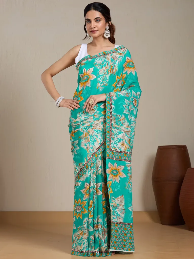 [VC26-EKA-D99-194] Vervee Couture Sky Blue & Green Silk Blend Saree | Eka