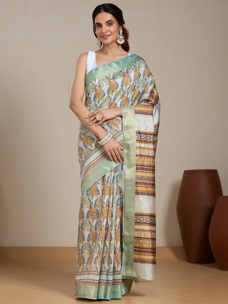 Vervee Couture Sky Blue Green Silk Blend Saree Semi-stitched Blouse