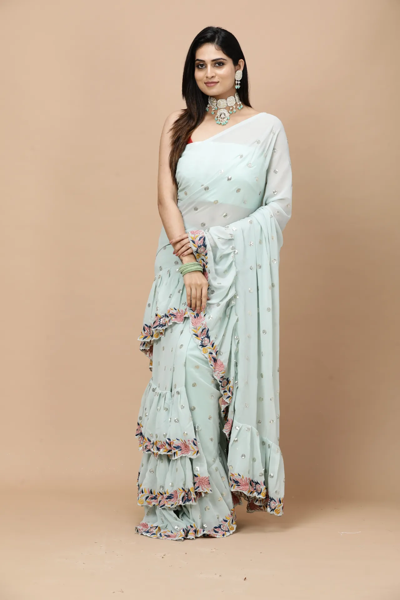 [VC26-ZIKR-D27-03] Vervee Couture Light Turquoise Blue Georgette Saree | Zikr