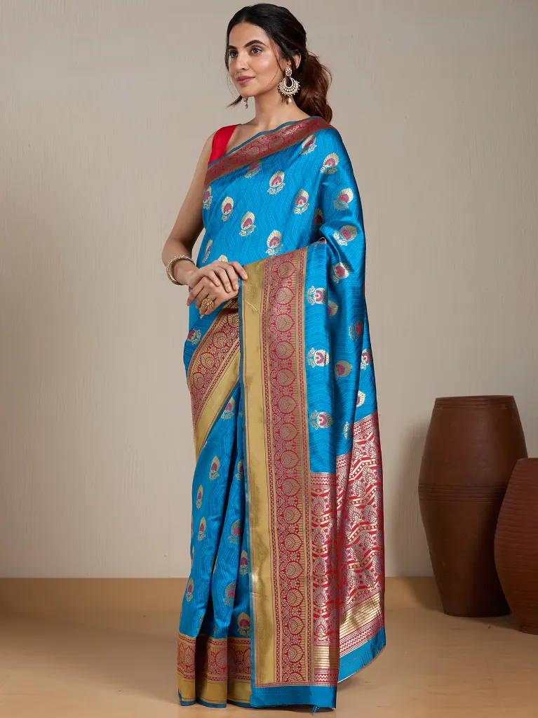 [VC26-EKA-D99-222] Vervee Couture Turquoise Blue & Gold Silk Blend Saree | Eka