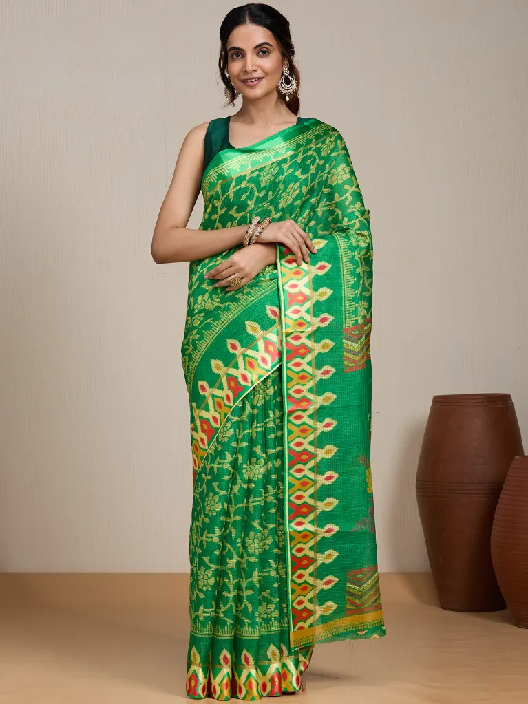 [VC26-EKA-D99-128] Vervee Couture Parrot Green Multicolour Silk Blend Saree | Eka
