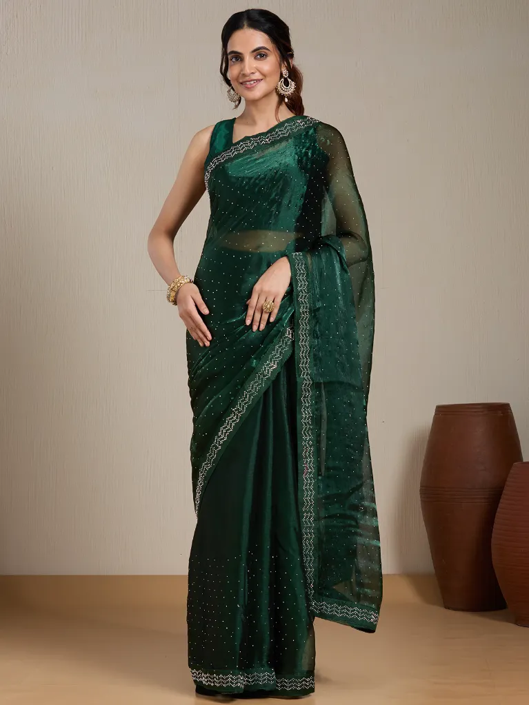 Vervee Couture Dark Green Silk Blend Saree Semi-stitched Blouse | Eka