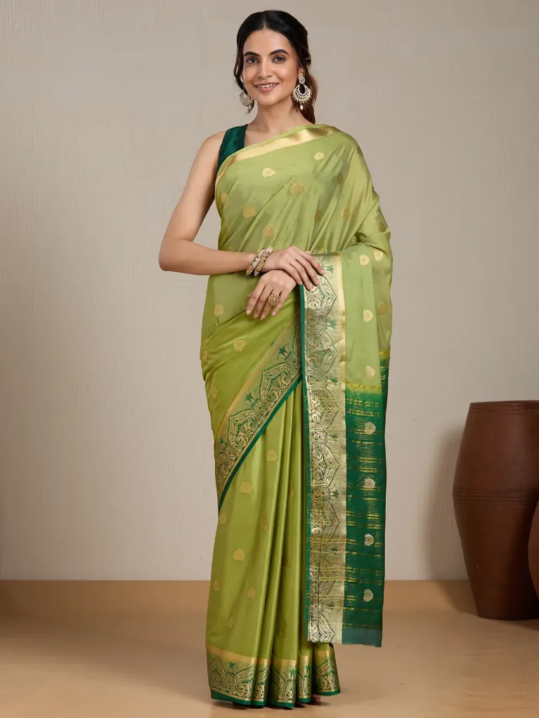 [VC26-EKA-D99-144] Vervee Couture Pistachio Green Silk Blend Saree | Eka