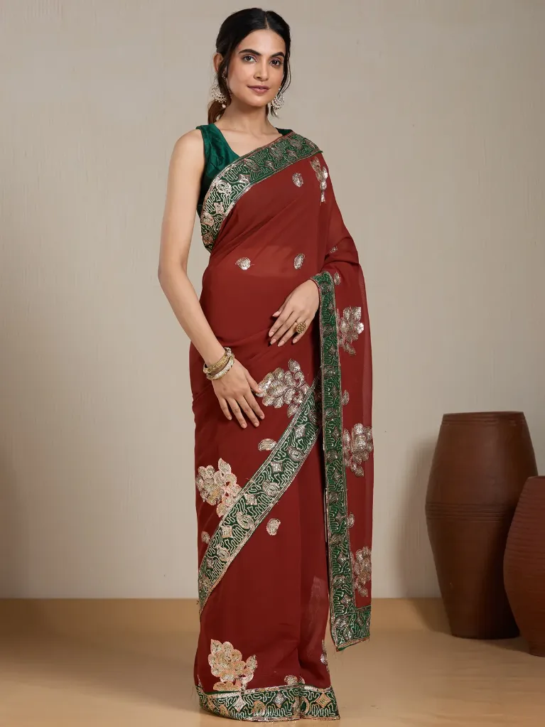 Vervee Couture Rust Red & Green Embroidered Saree Semi-stitched Blouse