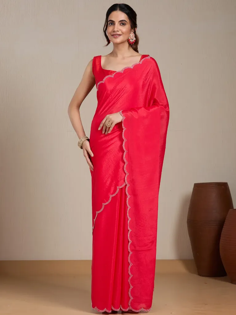 [VC26-EKA-D99-36] Vervee Couture Bright Red Silk Blend Saree | Eka