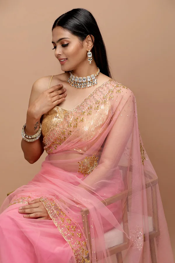 [VC26-IKRAR-D07-04] Vervee Couture Soft Rose Pink Net Saree | Ikrar