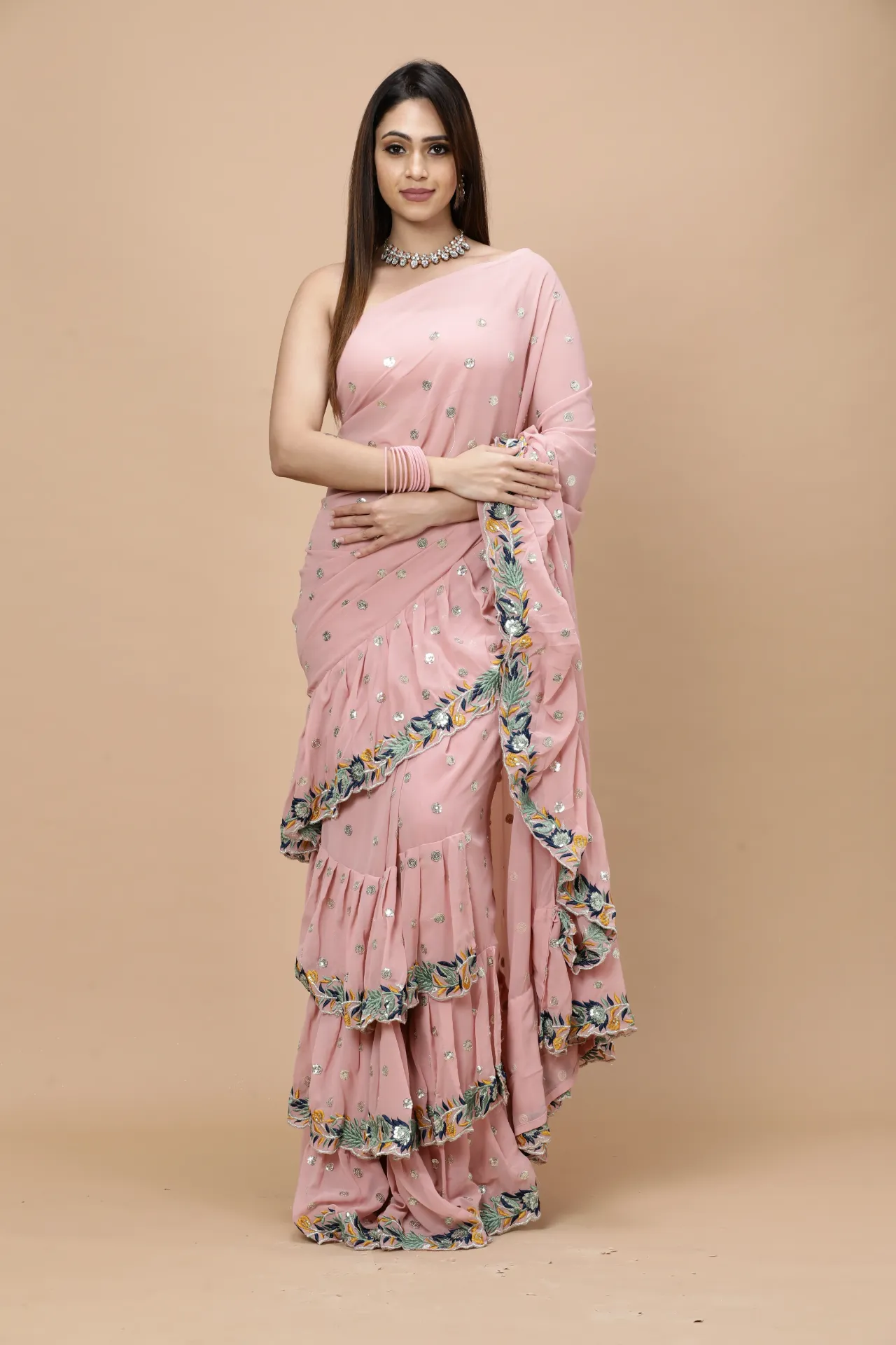 [VC26-ZIKR-D27-04] Vervee Couture Lace Pink Georgette Saree | Zikr
