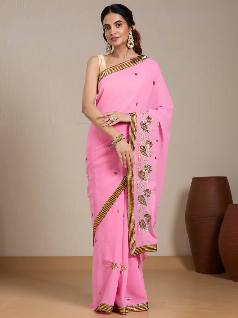 Vervee Couture Pink & Gold Georgette Saree | Eka
