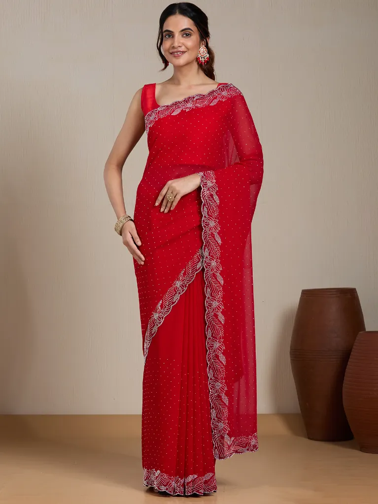 Vervee Couture Red Georgette Saree Semi-stitched Blouse