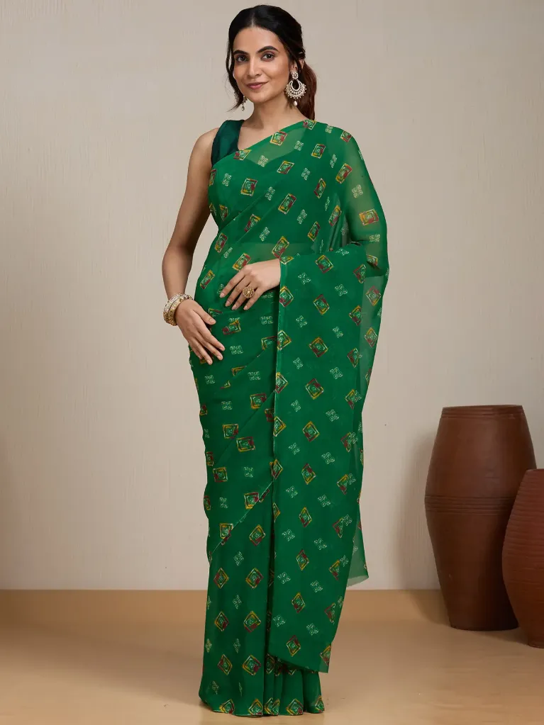 [VC26-EKA-D99-70] Vervee Couture Emerald Green Printed Saree | Eka