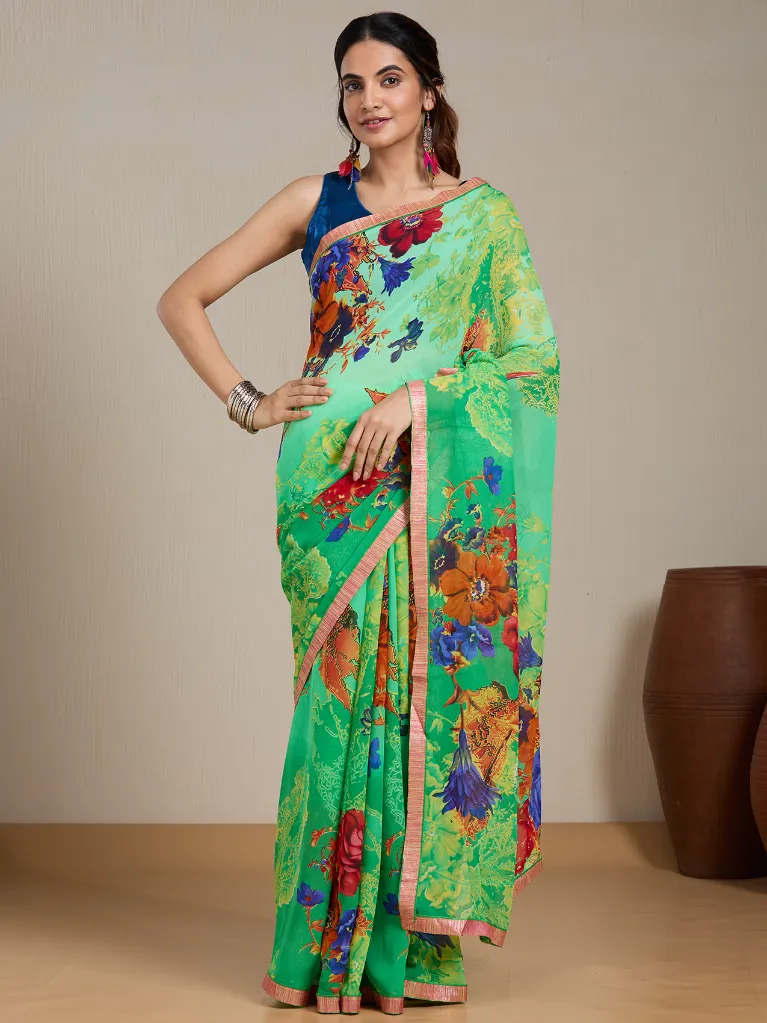 Vervee Couture Green Multi-Colour Floral Printed Saree Semi-stitched Blouse