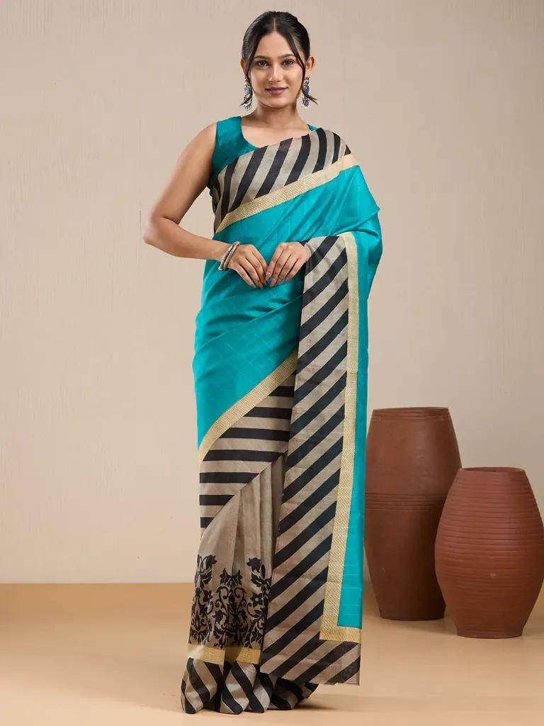 [VC26-EKA-D99-209] Vervee Couture Teal & Black Striped Saree with Semi-Stitched Blouse | Eka