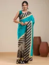 Vervee Couture Teal & Black Striped Saree with Semi-Stitched Blouse | Eka