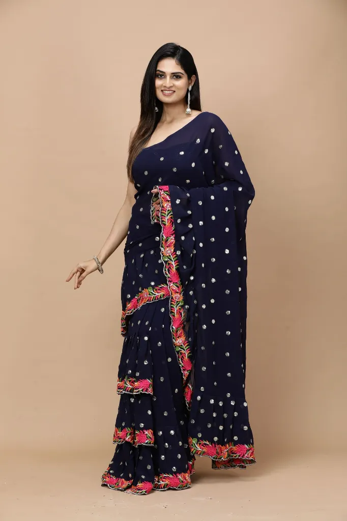 [VC26-ZIKR-D27-05] Vervee Couture Classic Navy Blue Georgette Saree | Zikr