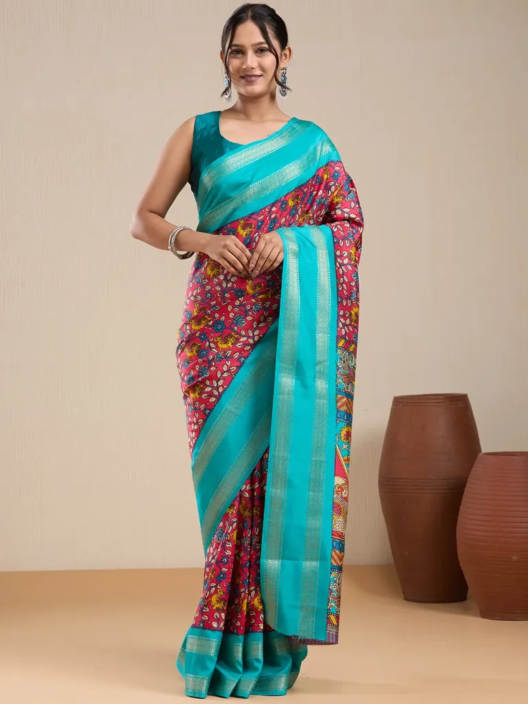 [VC26-EKA-D99-212] Vervee Couture Teal & Pink Printed Saree with Semi-Stitched Blouse | Eka