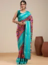Vervee Couture Teal & Pink Printed Saree with Semi-Stitched Blouse | Eka