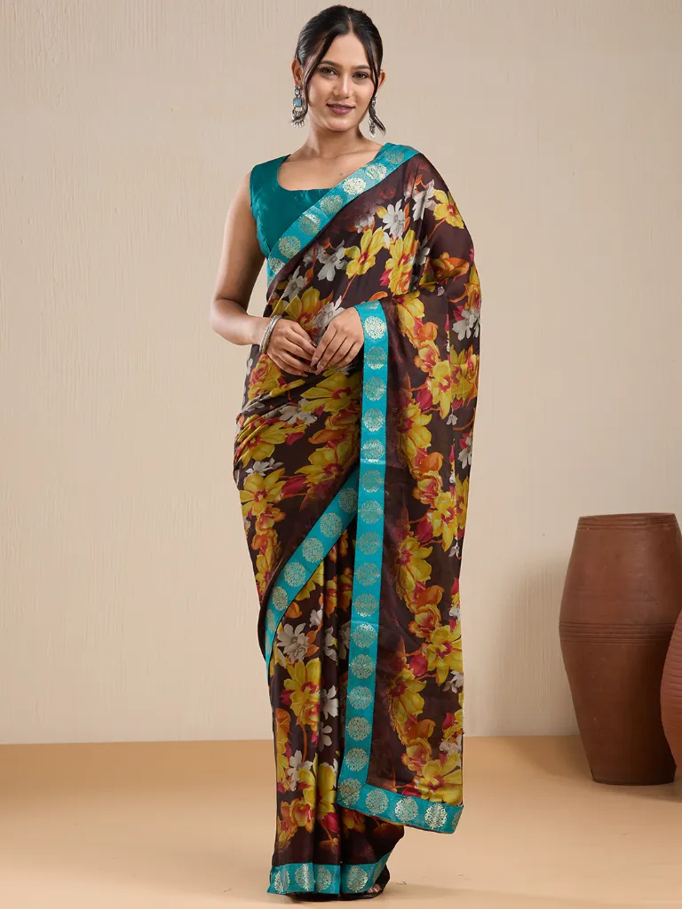 Vervee Couture Brown & Teal Floral Printed Saree with Semi-Stitched Blouse | Eka