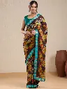 Vervee Couture Brown & Teal Floral Printed Saree with Semi-Stitched Blouse | Eka