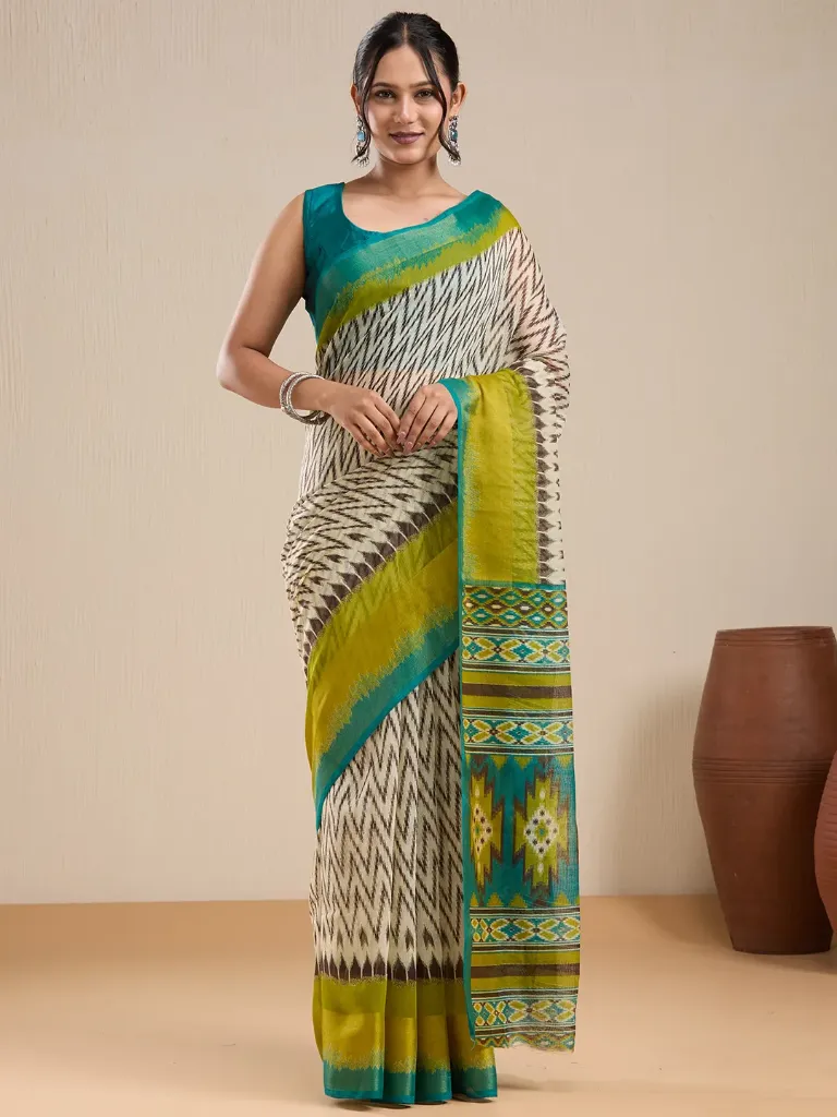 [VC26-EKA-D99-55] Vervee Couture Cream, Mustard & Teal Printed Saree with Semi-Stitched Blouse | Eka