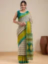 Vervee Couture Cream, Mustard & Teal Printed Saree with Semi-stitched Blouse