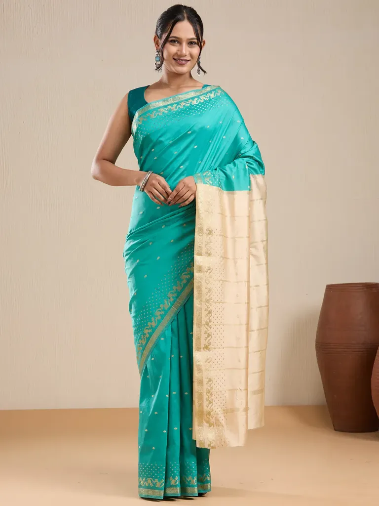 [VC26-EKA-D99-192] Vervee Couture Sea Green & Gold Zari Woven Saree with Semi-Stitched Blouse | Eka