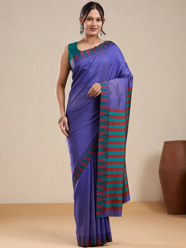 Vervee Couture Purple & Teal Striped Saree with Semi-Stitched Blouse | Eka