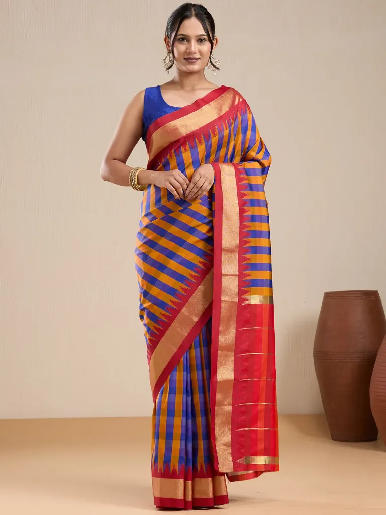 [VC26-EKA-D99-182] Vervee Couture Royal Blue, Mustard & Red Checked Saree with Semi-Stitched Blouse | Eka