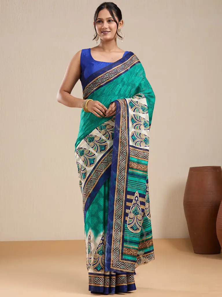 Vervee Couture Emerald Green & Navy Blue Printed Saree with Semi-stitched Blouse