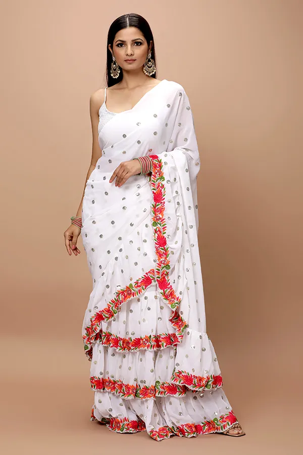 [VC26-ZIKR-D27-06] Vervee Couture Classic Pearl White Georgette Saree | Zikr