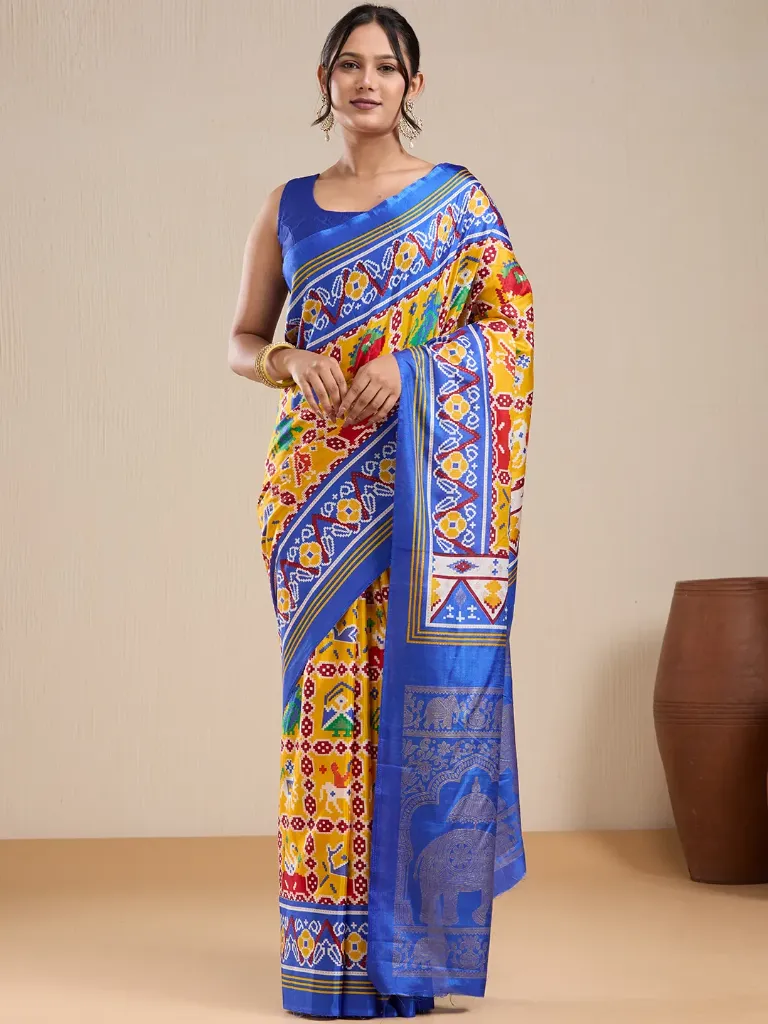 [VC26-EKA-D99-177] Vervee Couture Royal Blue & Mustard Yellow Printed Saree with Semi-Stitched Blouse | Eka