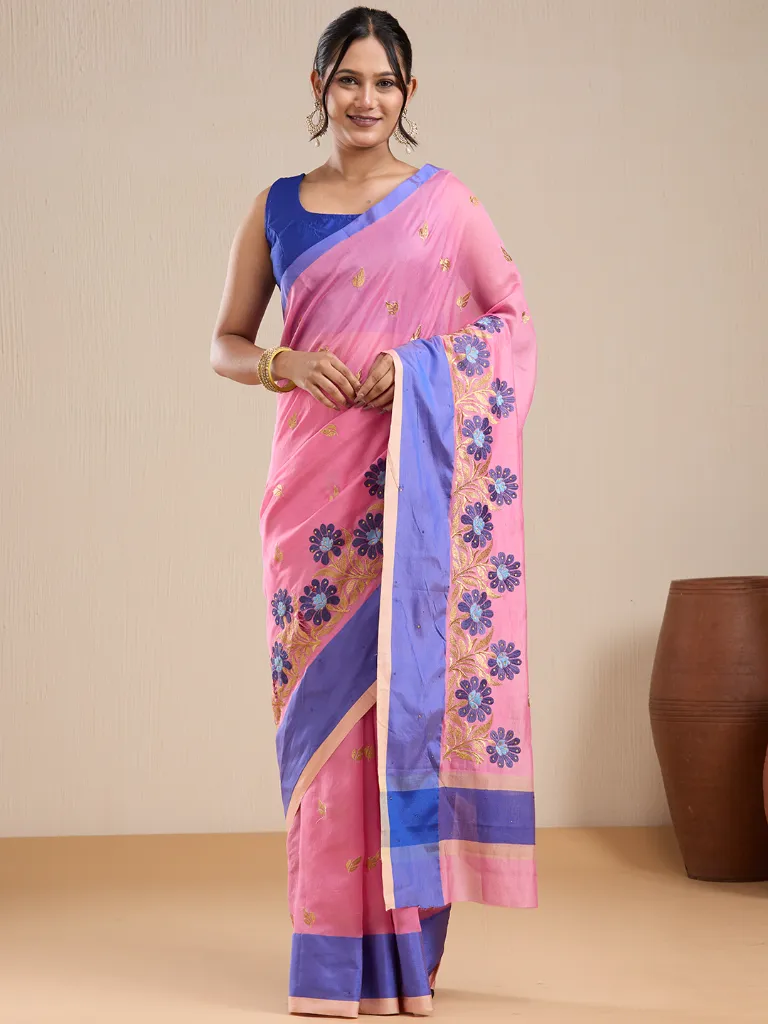 Vervee Couture Rose Pink & Lavender Floral Embroidered Saree with Semi-stitched Blouse