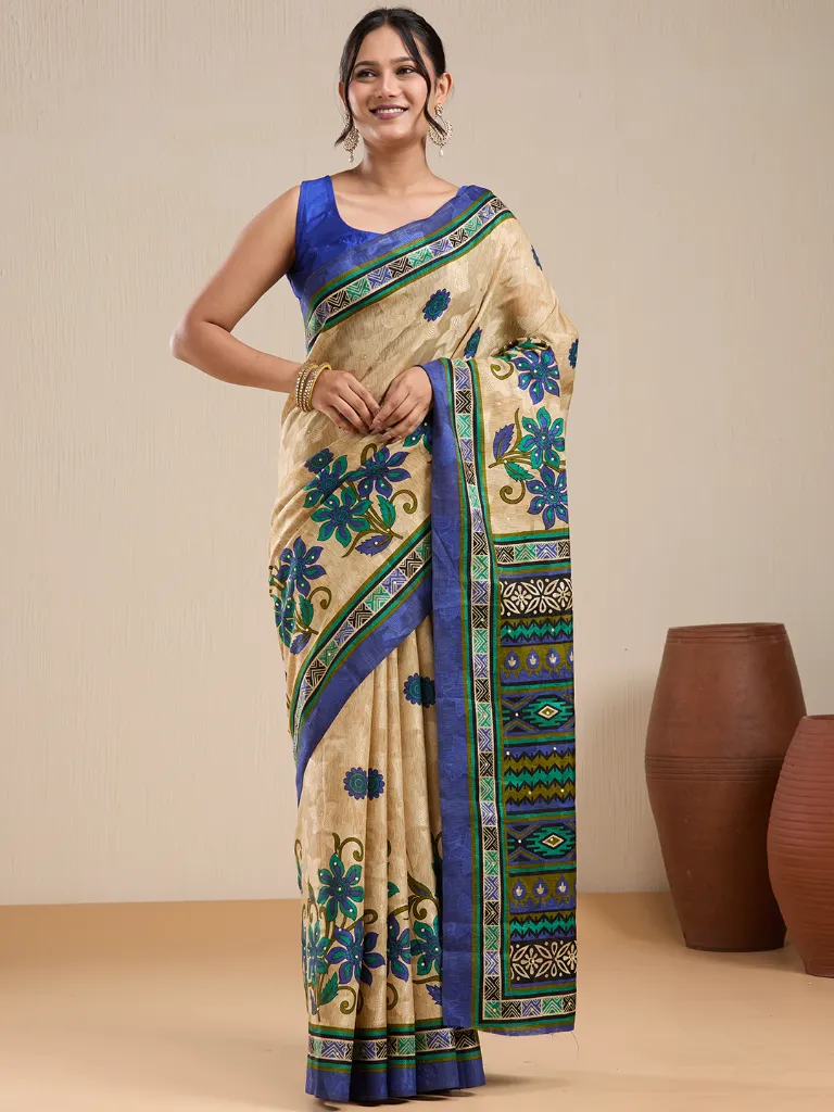 Vervee Couture Beige & Royal Blue Floral Printed Saree with Semi-Stitched Blouse | Eka