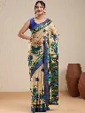 Vervee Couture Beige & Royal Blue Floral Printed Saree with Semi-Stitched Blouse | Eka
