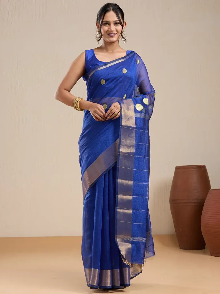 [VC26-EKA-D99-181] Vervee Couture Royal Blue Zari Buta Saree with Semi-Stitched Blouse | Eka