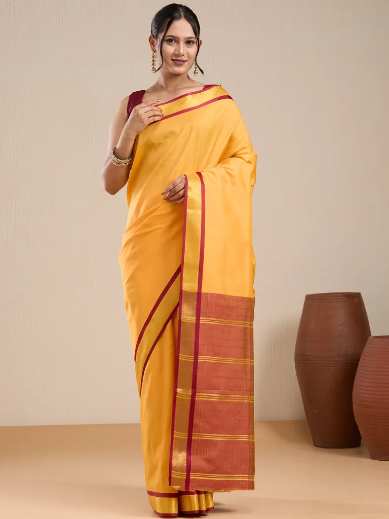 Vervee Couture Mustard Yellow & Maroon Traditional Border Saree with Semi-Stitched Blouse | Eka