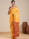 Vervee Couture Mustard Yellow & Maroon Traditional Border Saree with Semi-Stitched Blouse | Eka