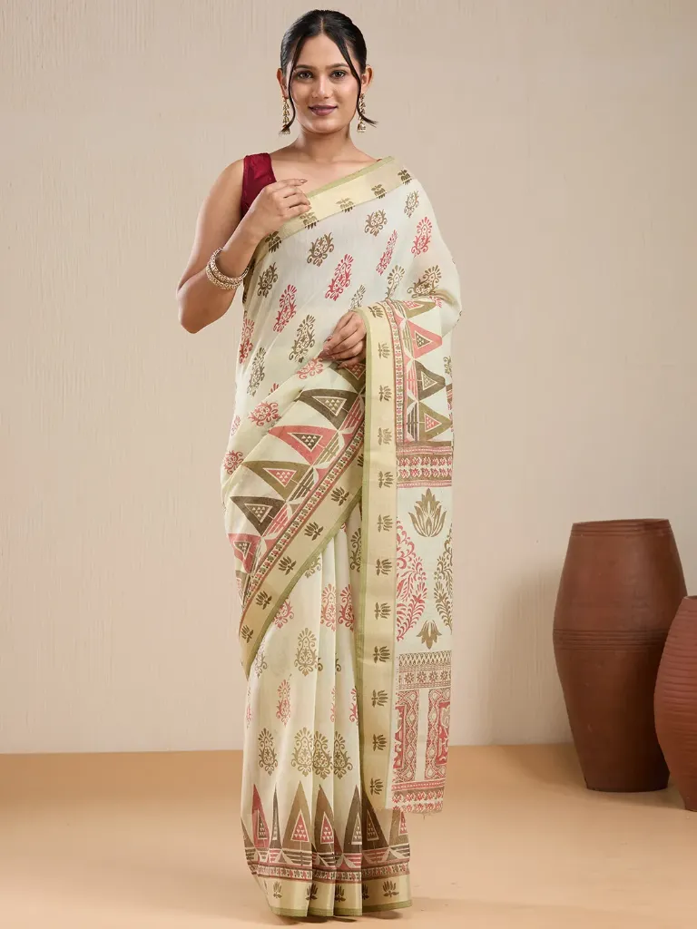 [VC26-EKA-D99-52] Vervee Couture Cream & Sage Green Ethnic Printed Saree with Semi-Stitched Blouse | Eka