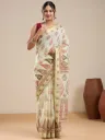 Vervee Couture Cream & Sage Green Ethnic Printed Saree with Semi-Stitched Blouse | Eka