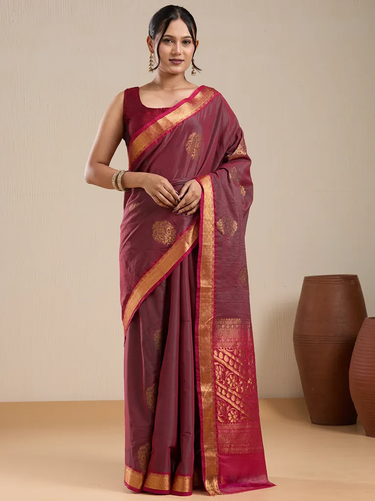 Vervee Couture Wine Maroon & Rani Pink Zari Border Saree with Semi-stitched Blouse