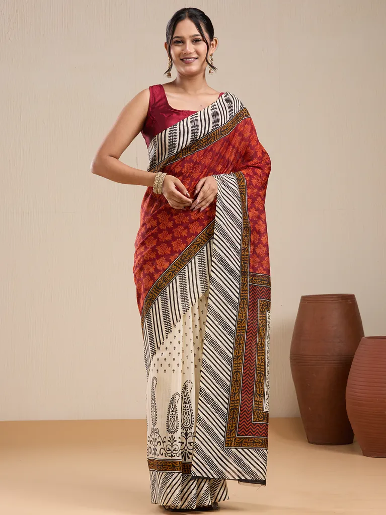 Vervee Couture Rust Red & Ivory Ethnic Printed Saree with Semi-Stitched Blouse | Eka