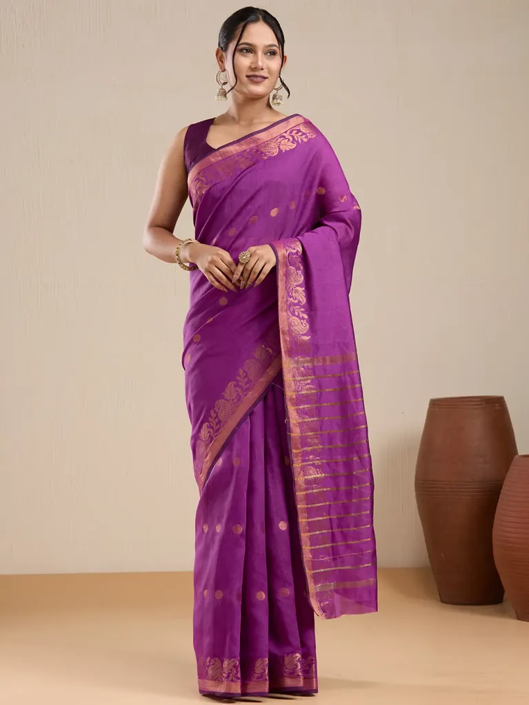 Vervee Couture Royal Purple Zari Border Saree with Semi-Stitched Blouse | Eka