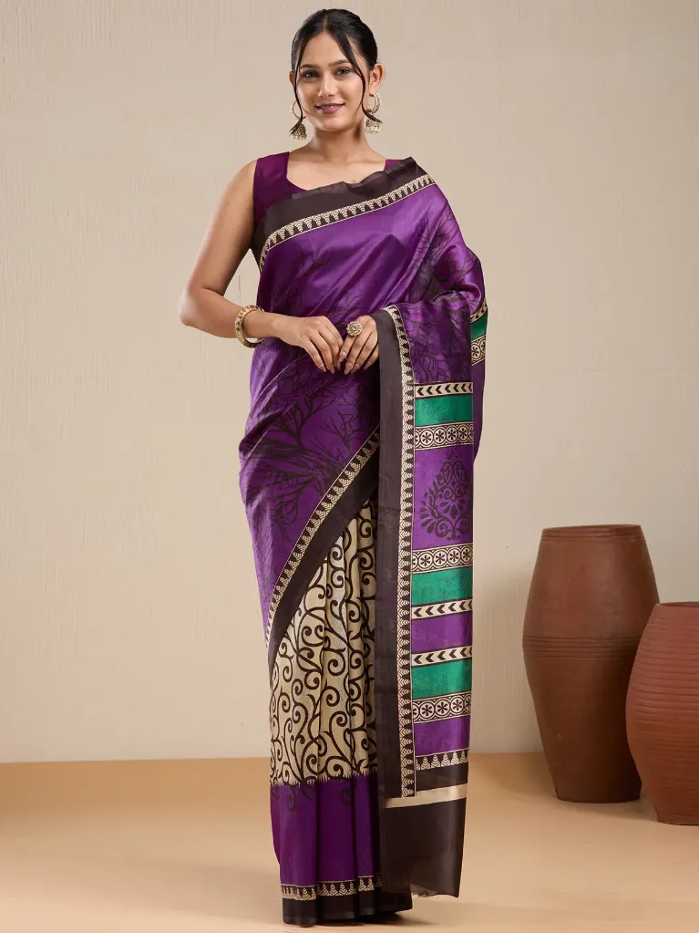 [VC26-EKA-D99-64] Vervee Couture Deep Purple & Emerald Green Printed Saree with Semi-Stitched Blouse | Eka