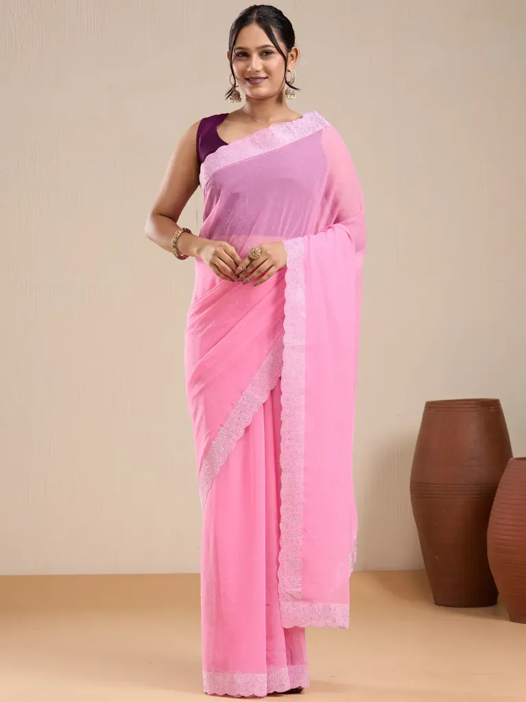 [VC26-EKA-D99-05] Vervee Couture Baby Pink Georgette Saree with Semi-Stitched Blouse | Eka